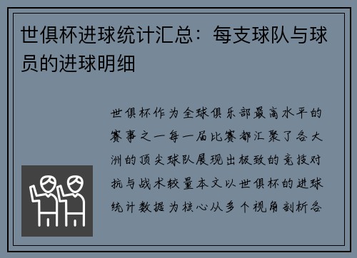 世俱杯进球统计汇总：每支球队与球员的进球明细